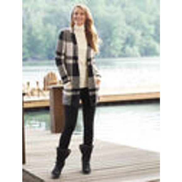 Talbots Cardigan Sweater Jacket Petite Large Black Plaid Shacket Pockets - Picture 1 of 9